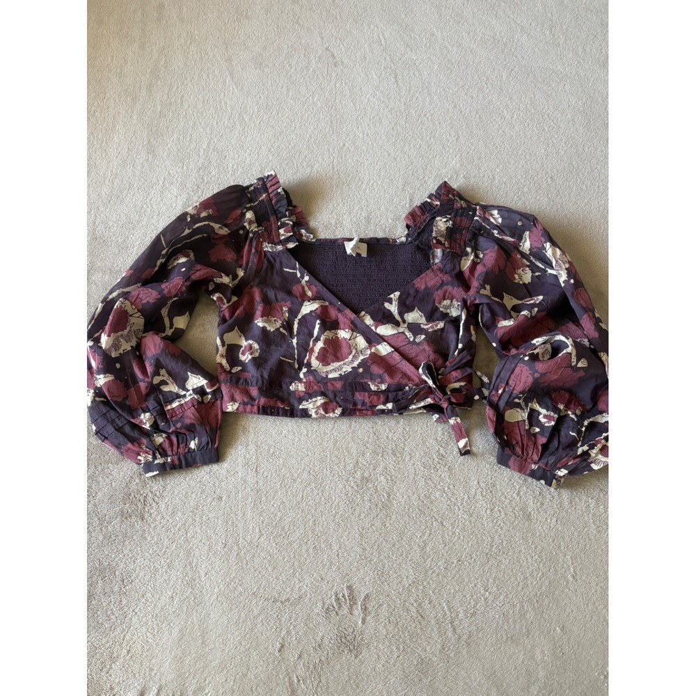 Cleobella Women's Large Floral Print Wrap Crop Top Smocked Long‎ Sleeve Blouse